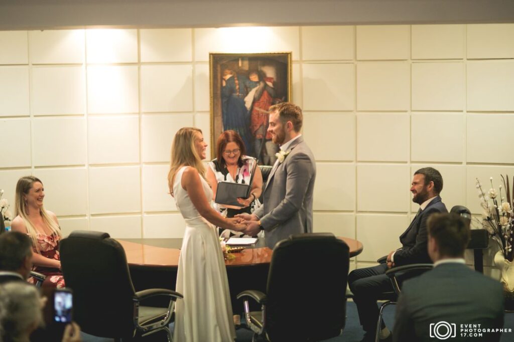 Candid moment between bride and groom during small wedding in Dublin